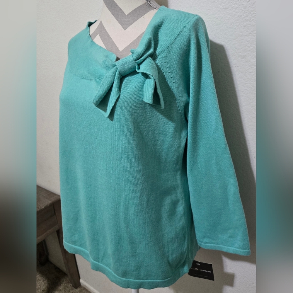 Sag Harbor Teal Aqua Knit Top Asymmetric Neckline with Bow Detail Size Large - Picture 4 of 11